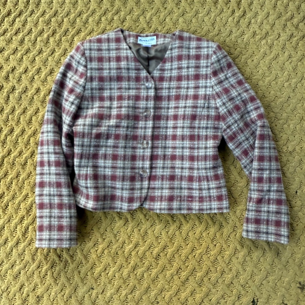 Pendleton Vintage Plaid Wool Blazer Jacket Red Tan Made in USA Size 6 Academia
